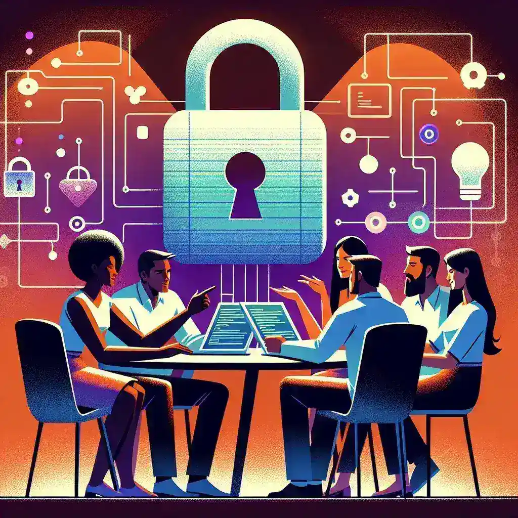 "Equipo colaborando en un proyecto open source, discutiendo ideas y compartiendo pantallas en un ambiente de trabajo inclusivo, ilustrando el espíritu de la colaboración en la comunidad de código abierto."