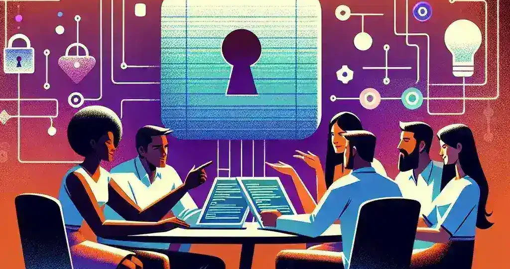 "Equipo colaborando en un proyecto open source, discutiendo ideas y compartiendo pantallas en un ambiente de trabajo inclusivo, ilustrando el espíritu de la colaboración en la comunidad de código abierto."