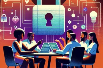 "Equipo colaborando en un proyecto open source, discutiendo ideas y compartiendo pantallas en un ambiente de trabajo inclusivo, ilustrando el espíritu de la colaboración en la comunidad de código abierto."