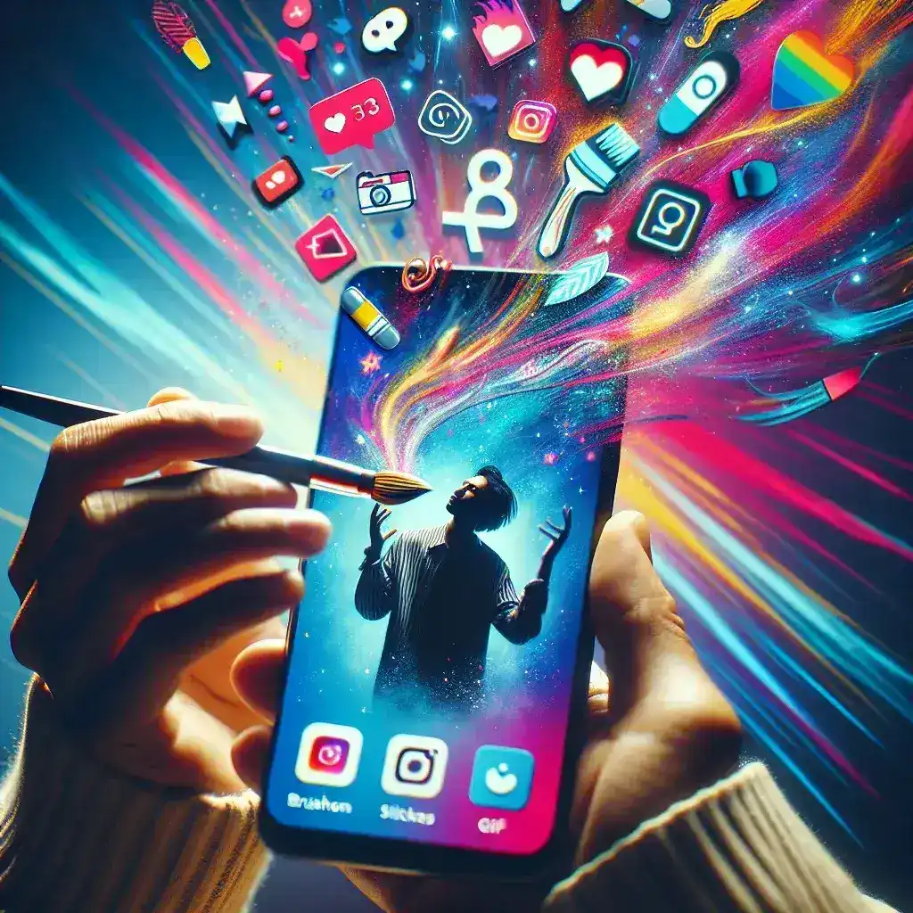 "Guía completa para crear historias atractivas en Instagram: imagen de un smartphone mostrando coloridas Instagram Stories con elementos creativos y consejos visuales"