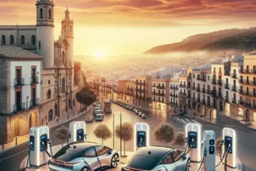 "Estación de recarga ultrarrápida para vehículos eléctricos en una ciudad española, mostrando varios coches eléctricos conectados y un moderno hub de carga con pantallas informativas."