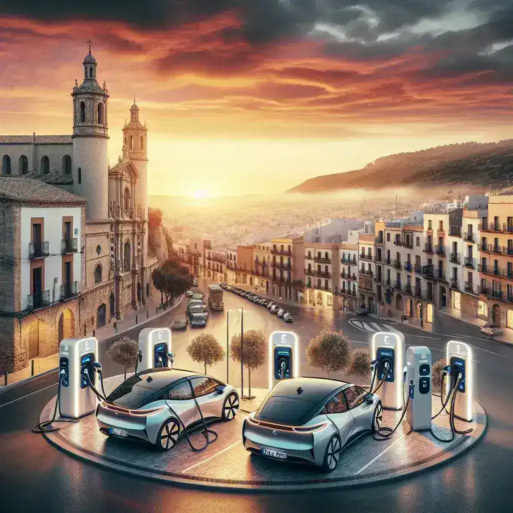 "Estación de recarga ultrarrápida para vehículos eléctricos en una ciudad española, mostrando varios coches eléctricos conectados y un moderno hub de carga con pantallas informativas."