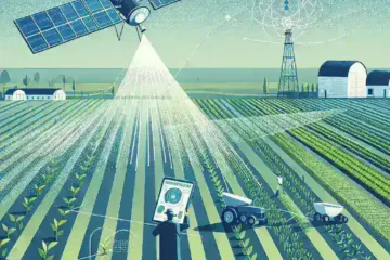 "Satélite sobre campos agrícolas representando la agricultura de precisión impulsada por el Ministerio de Agricultura"