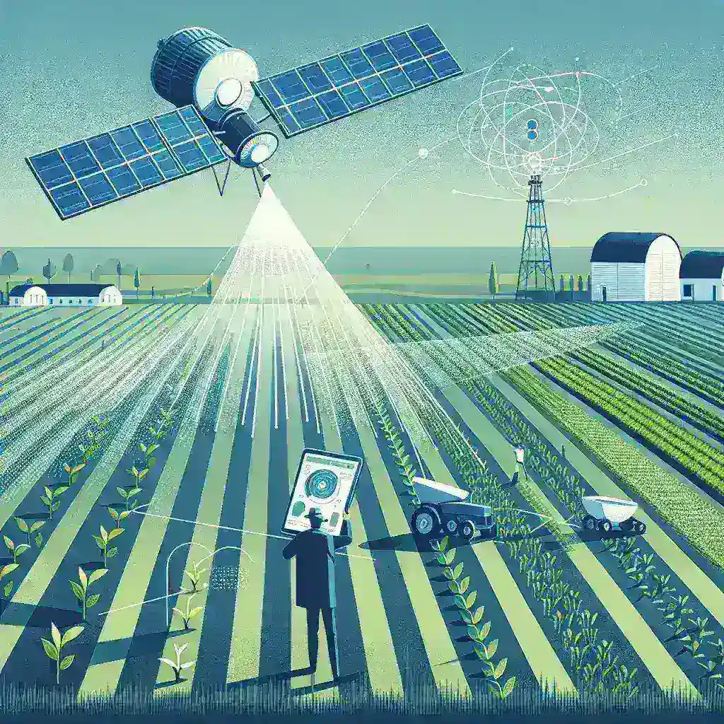 "Satélite sobre campos agrícolas representando la agricultura de precisión impulsada por el Ministerio de Agricultura"