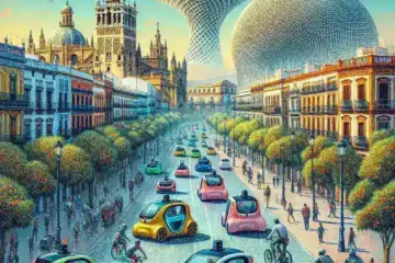 "Flota de vehículos eléctricos autónomos de Correos en pruebas en Sevilla, mostrando innovación en transporte sostenible."