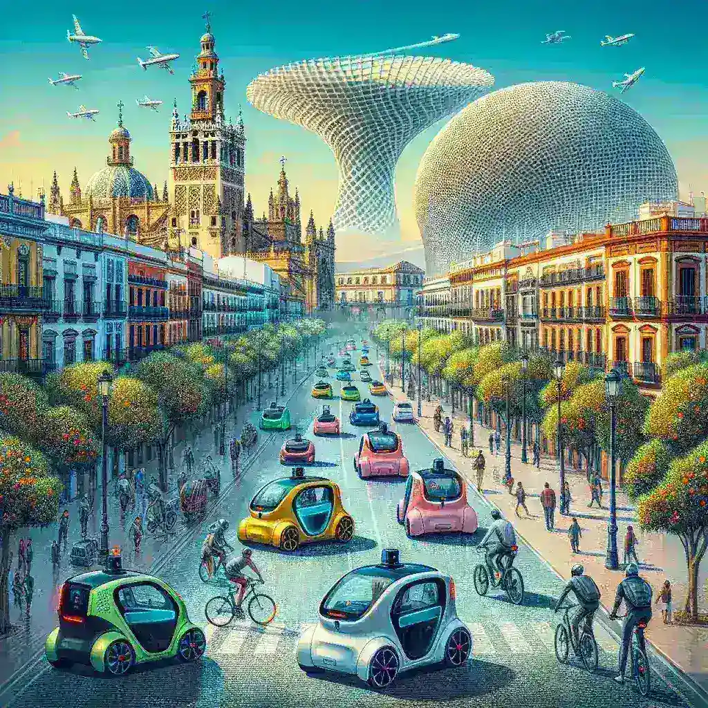 "Flota de vehículos eléctricos autónomos de Correos en pruebas en Sevilla, mostrando innovación en transporte sostenible."
