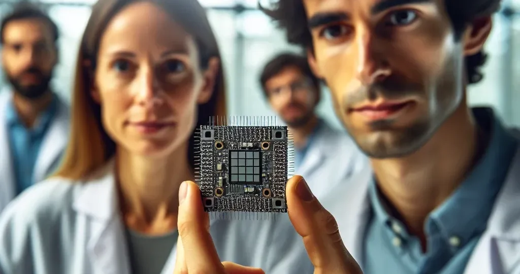 "Investigadores en Madrid trabajando en el desarrollo de un chip cuántico de bajo coste, mostrando imágenes de laboratorio y equipos de tecnología avanzada."