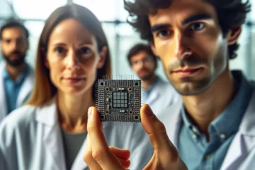 "Investigadores en Madrid trabajando en el desarrollo de un chip cuántico de bajo coste, mostrando imágenes de laboratorio y equipos de tecnología avanzada."