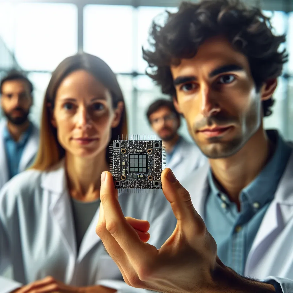 "Investigadores en Madrid trabajando en el desarrollo de un chip cuántico de bajo coste, mostrando imágenes de laboratorio y equipos de tecnología avanzada."